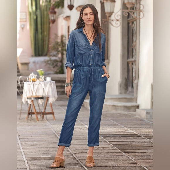 Sundance Catalog Cloth & Stone Vida Jumpsuit Size S Tencel Chambray Button Front - Picture 1 of 13